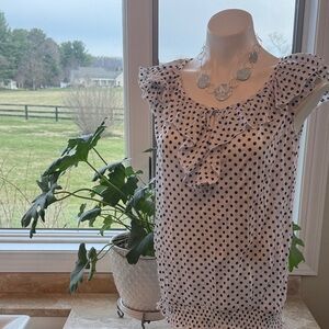 NWT,  French Laundry, White Polka Dot Ruffle Blouse - Black Dots